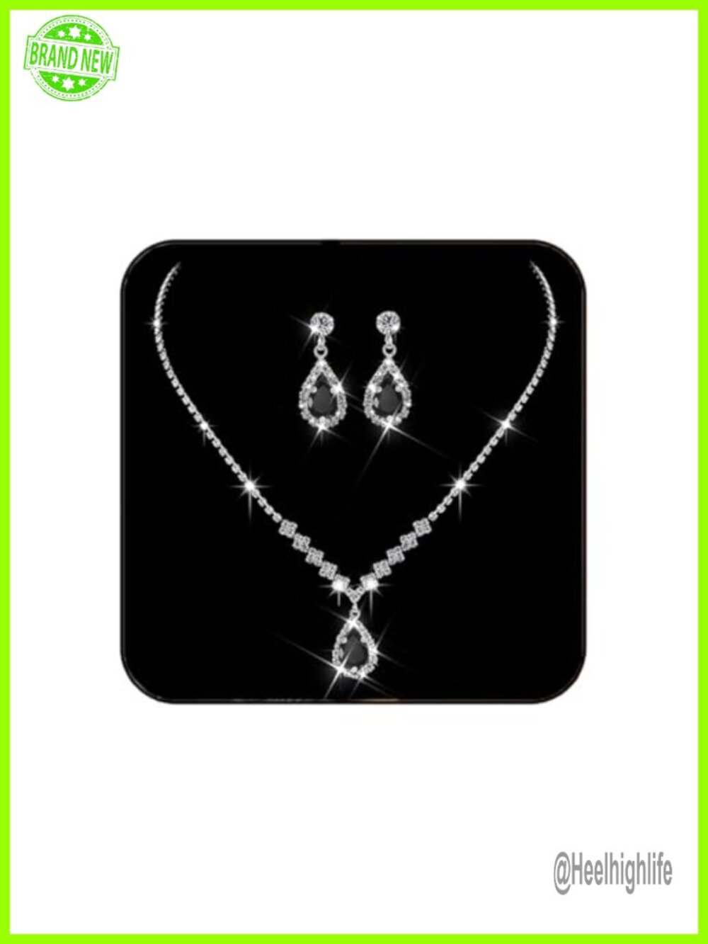 Silver Teardrop Crystal Rhinestone Jewelry Set Clip On Earrings Necklace
